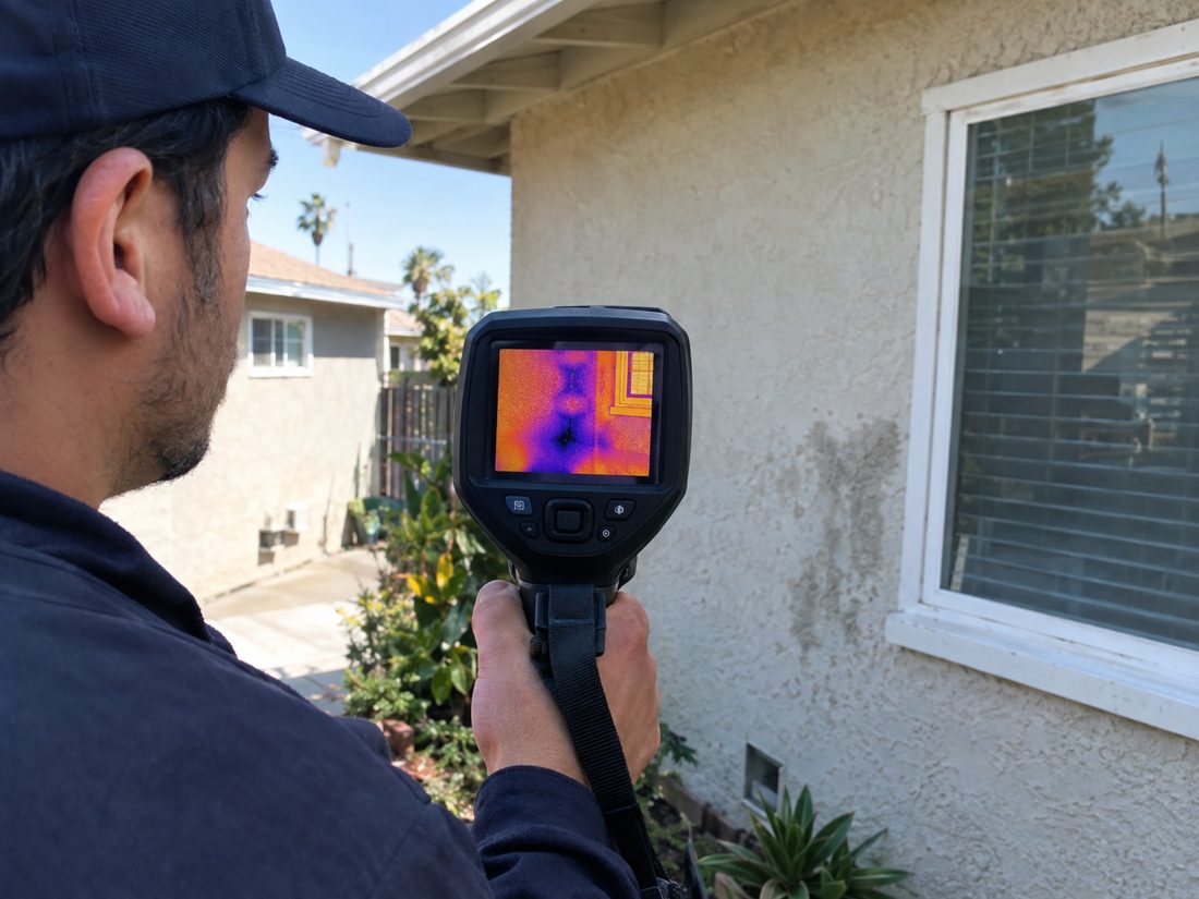A thermal imaging camera screen showing cold wet spots on a bedroom wall, held by a technician at a 1950s stucco single-story bungalow in a Southern California neighborhood in Gardena, CA