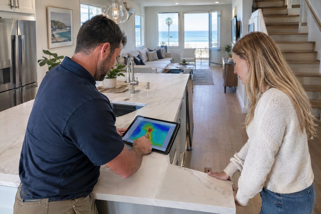 A homeowner and a project manager reviewing a moisture map on a tablet at the kitchen island at a narrow two-story beach townhome a few blocks from the ocean in Hermosa Beach, CA