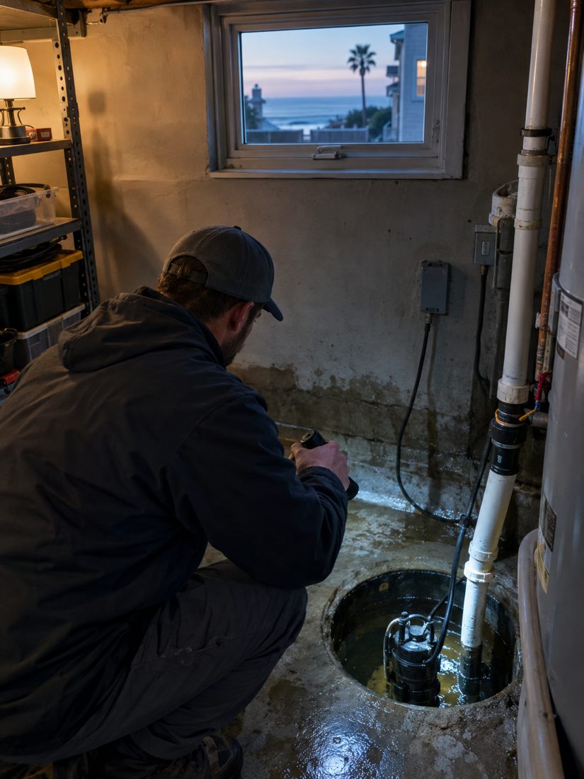A water-damaged basement with a sump pump being checked by a technician with a flashlight at a narrow two-story beach townhome a few blocks from the ocean in Hermosa Beach, CA