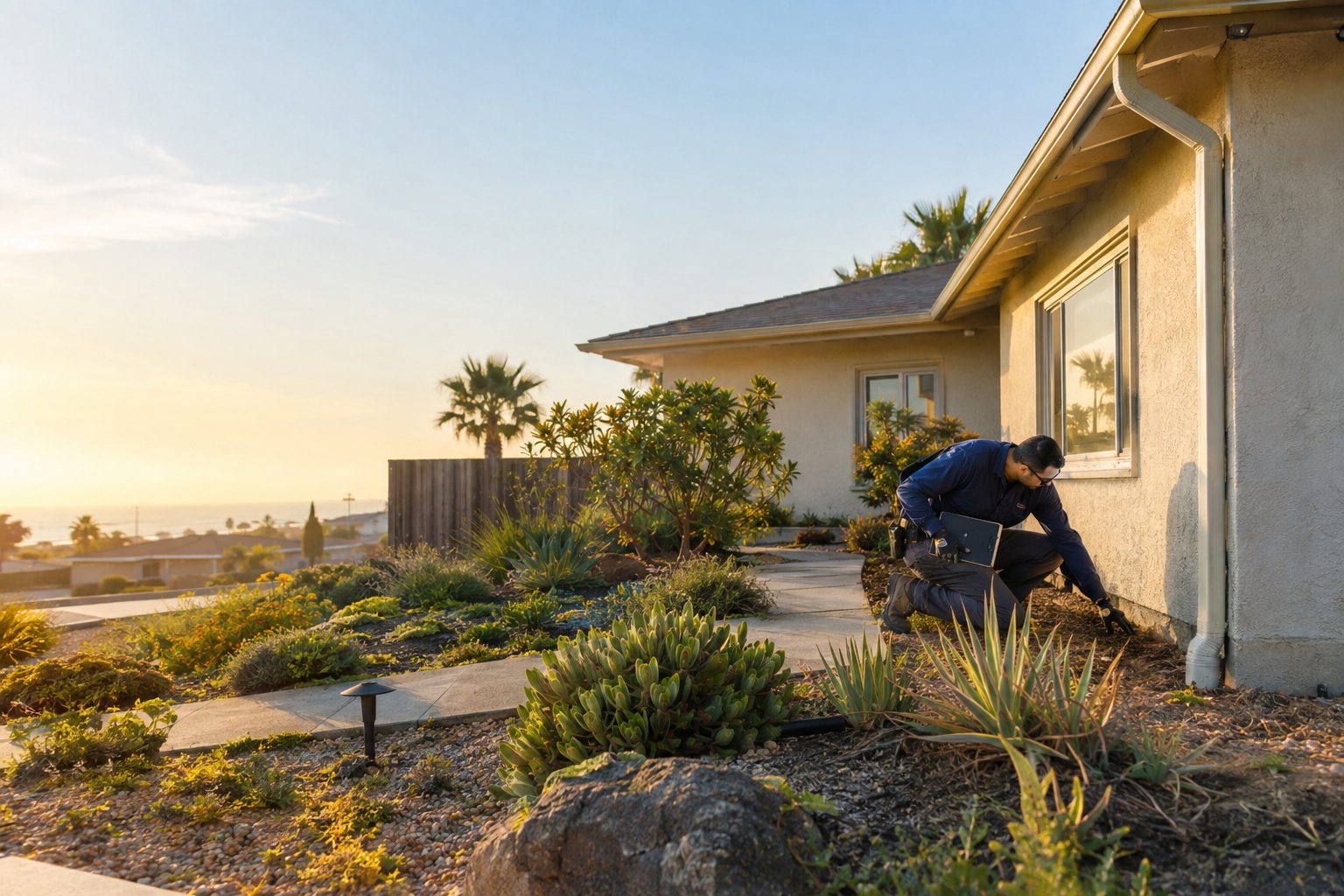 A restoration technician checks exterior water entry beside a modest midcentury ranch in El Segundo, California in El Segundo, CA
