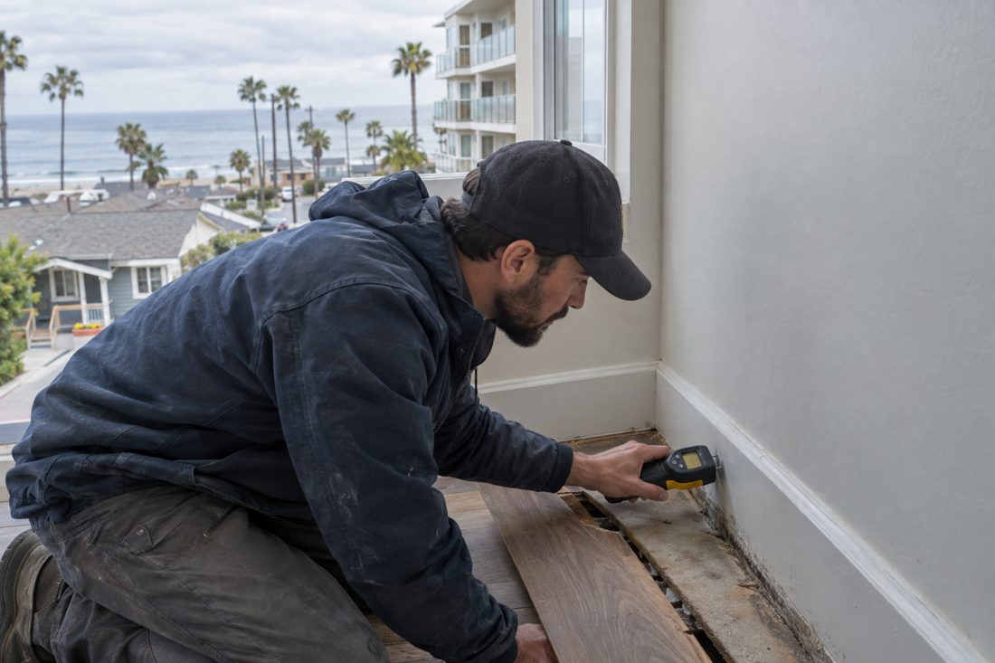 Close view of a worker measuring moisture along a Redondo Beach home’s baseboard beside lifted flooring in Redondo Beach, CA