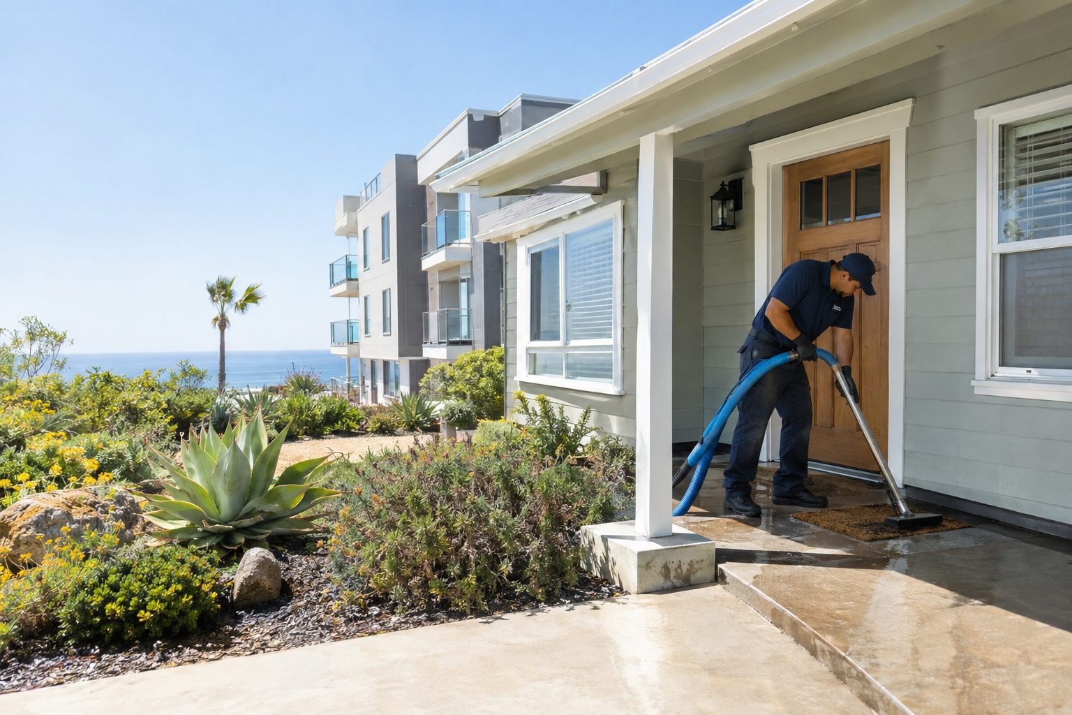 A restoration worker extracts water from a Redondo Beach bungalow’s entry while checking the damp flooring beside the front door in Redondo Beach, CA