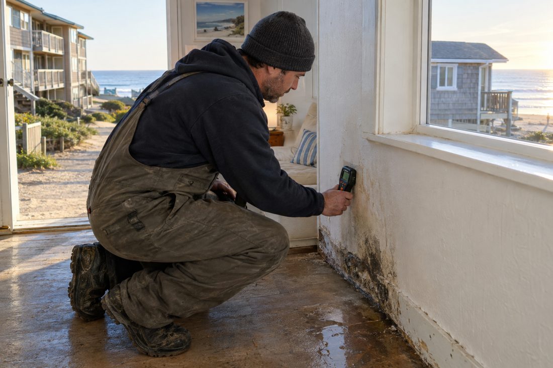 A close interior view shows a technician checking moisture in a cottage wall beside a damp floor in Sand Section, CA
