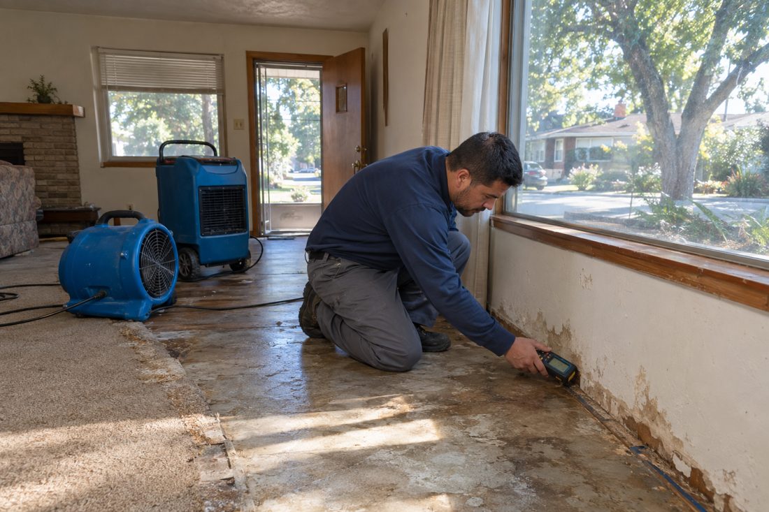 A worker checks moisture beside damp flooring inside an older Modesto home, with drying equipment positioned near the affected wall in College Area, CA