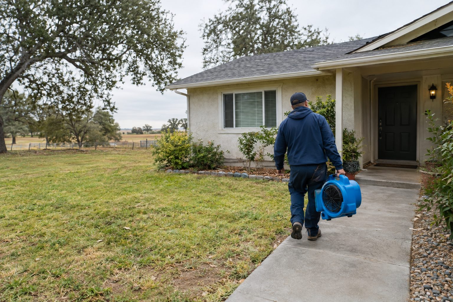 A restoration worker outside an Empire home carries drying equipment toward the entry after checking a winter roof leak in Empire, CA