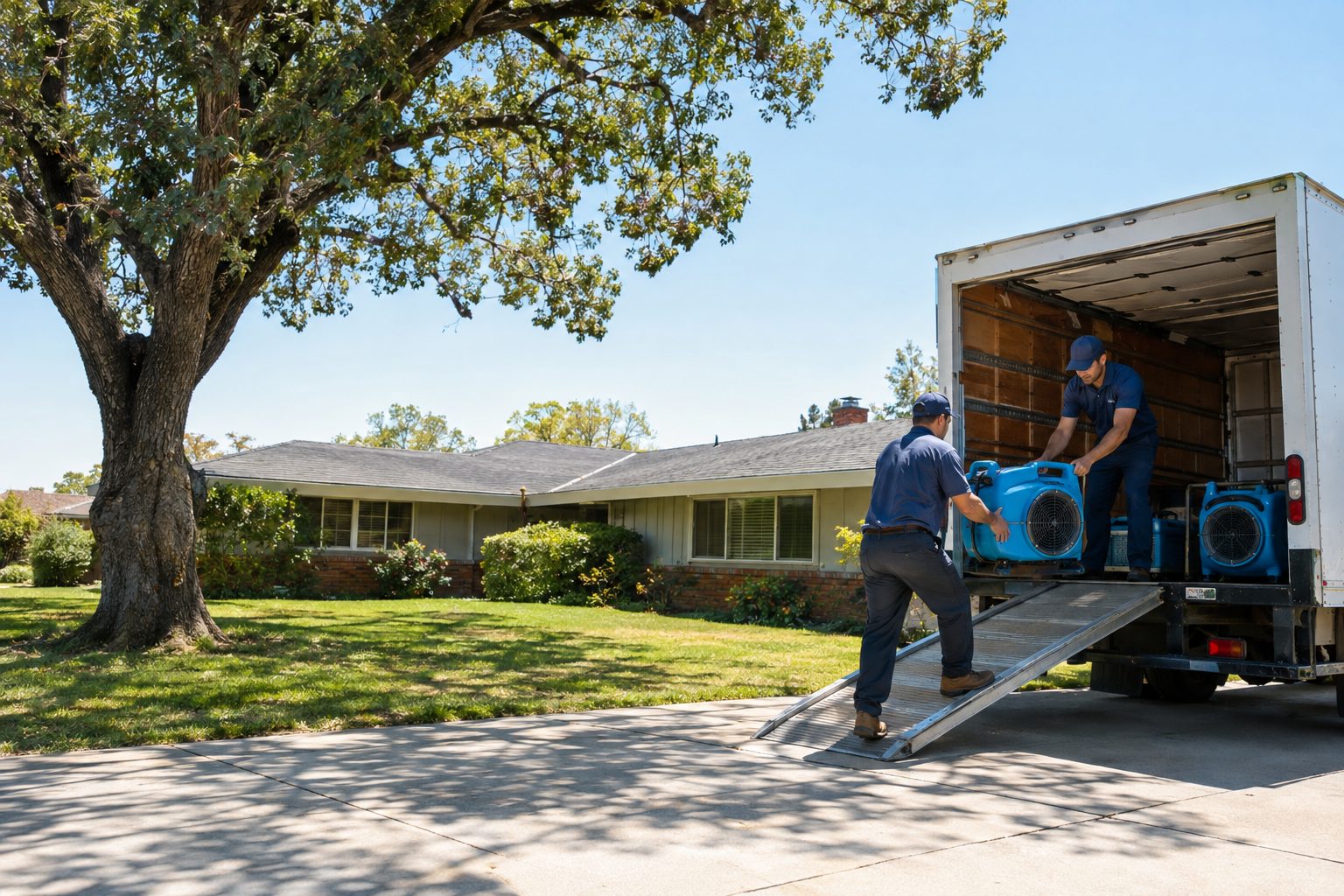 Two technicians unloading air movers from a box truck in the driveway at a 1960s ranch house with a valley oak in California's Central Valley in Modesto, CA