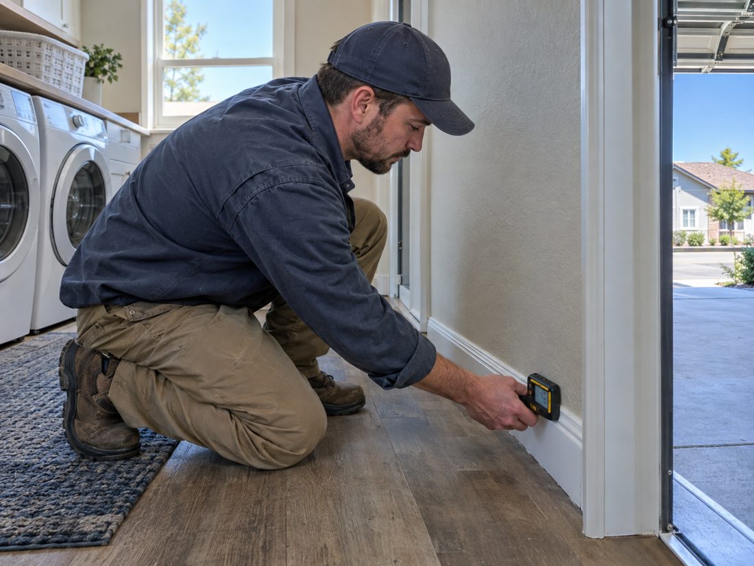 Close view of a technician checking moisture at a baseboard beside flooring in a Salida home’s laundry area in Salida, CA