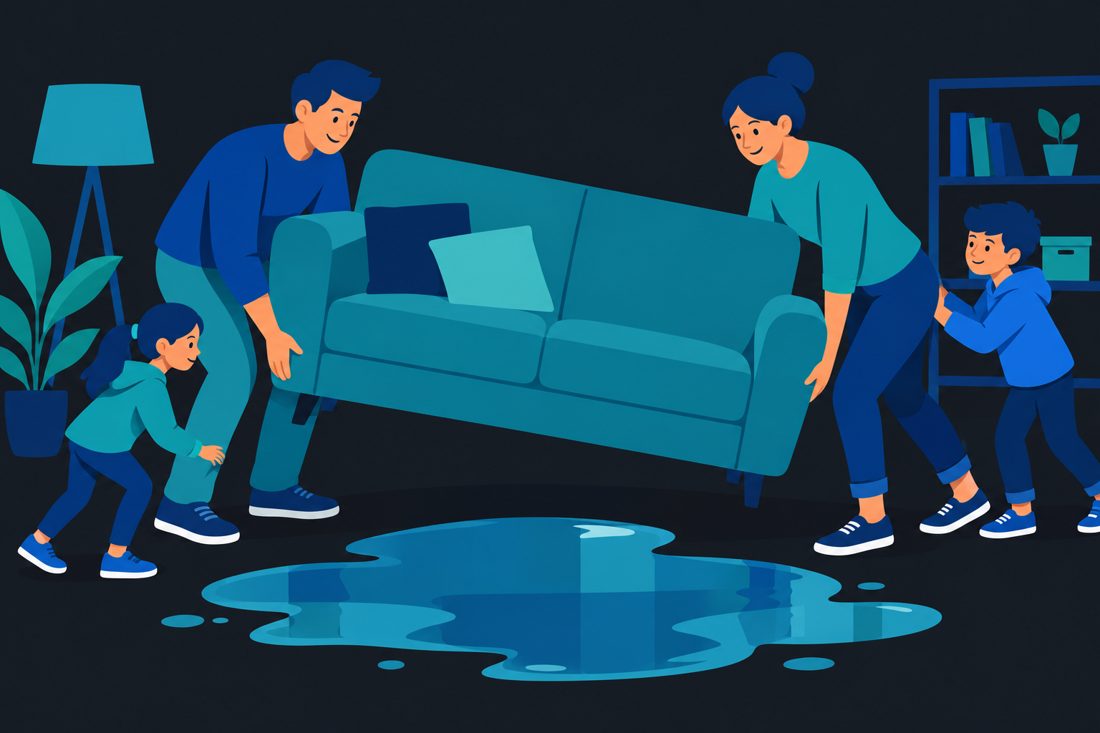 Illustration of a family moving furniture away from a puddle for a Rowlett, TX home