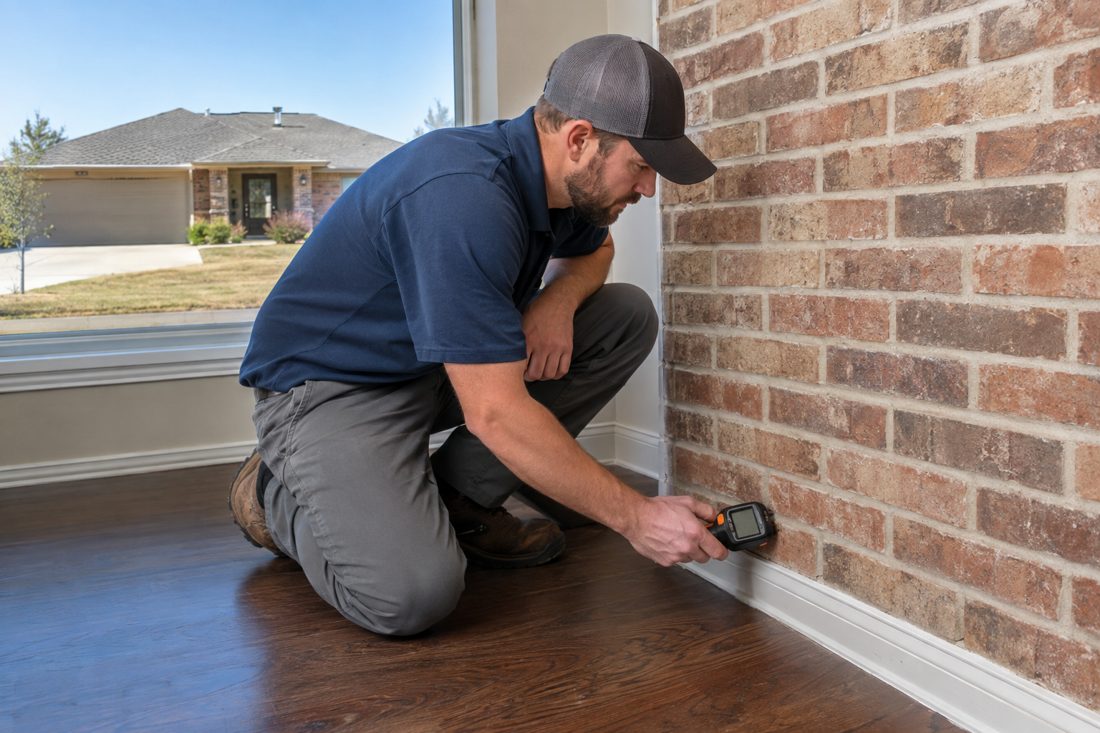 A close view of a worker measuring moisture along the baseboard inside a brick Sachse ranch home in Sachse, TX