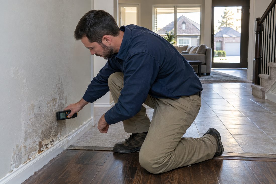 Close view inside a Waterview home of a technician measuring damp drywall beside flooring with a handheld moisture meter in Waterview, TX