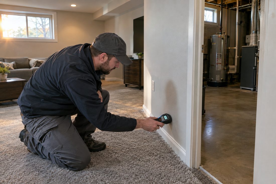 A technician records a moisture reading on basement drywall beside carpet in a finished Briarcliff home in Briarcliff, MO