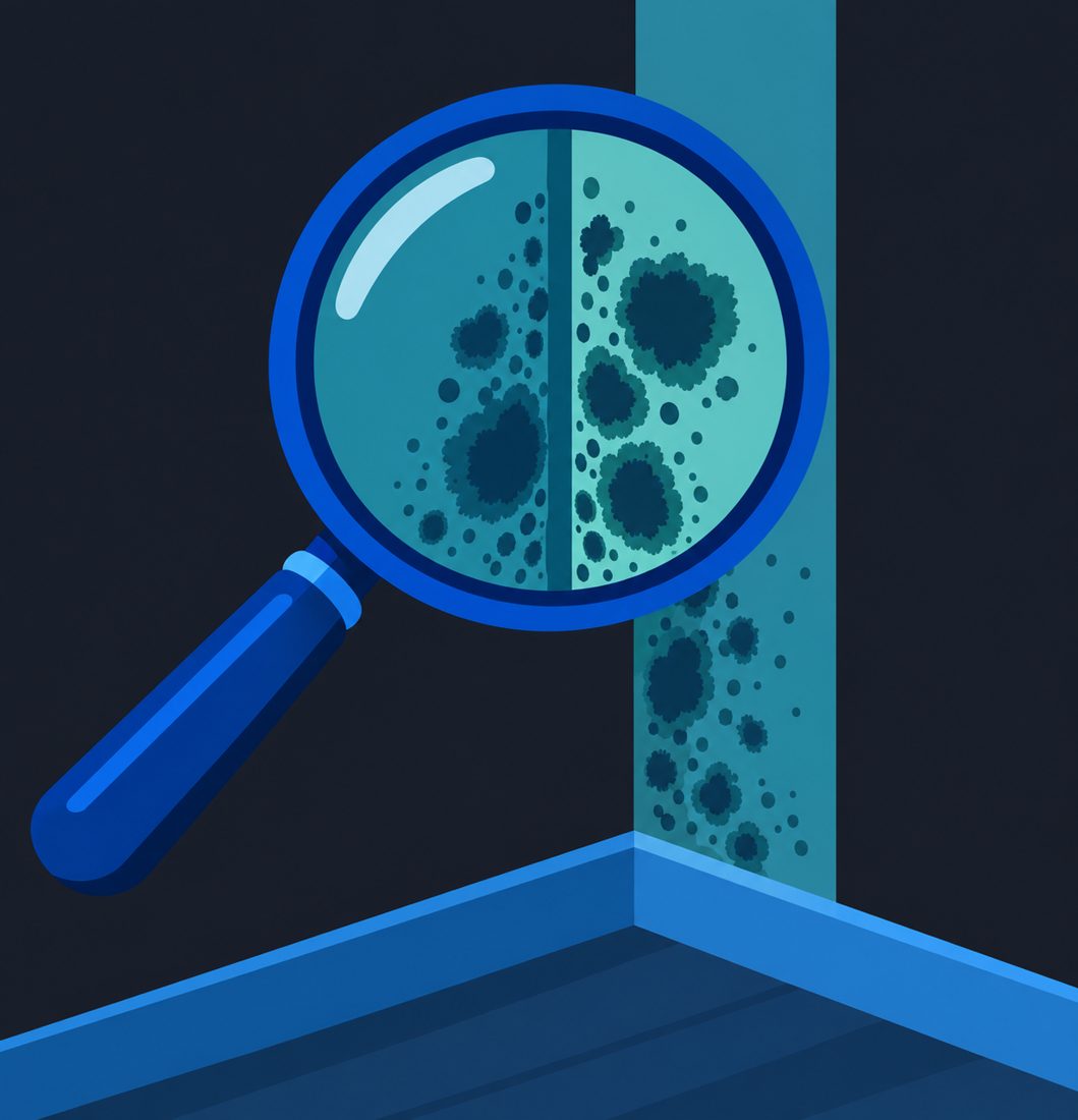 Illustration of a mold magnifying glass on a wall corner for a Kansas City, MO home