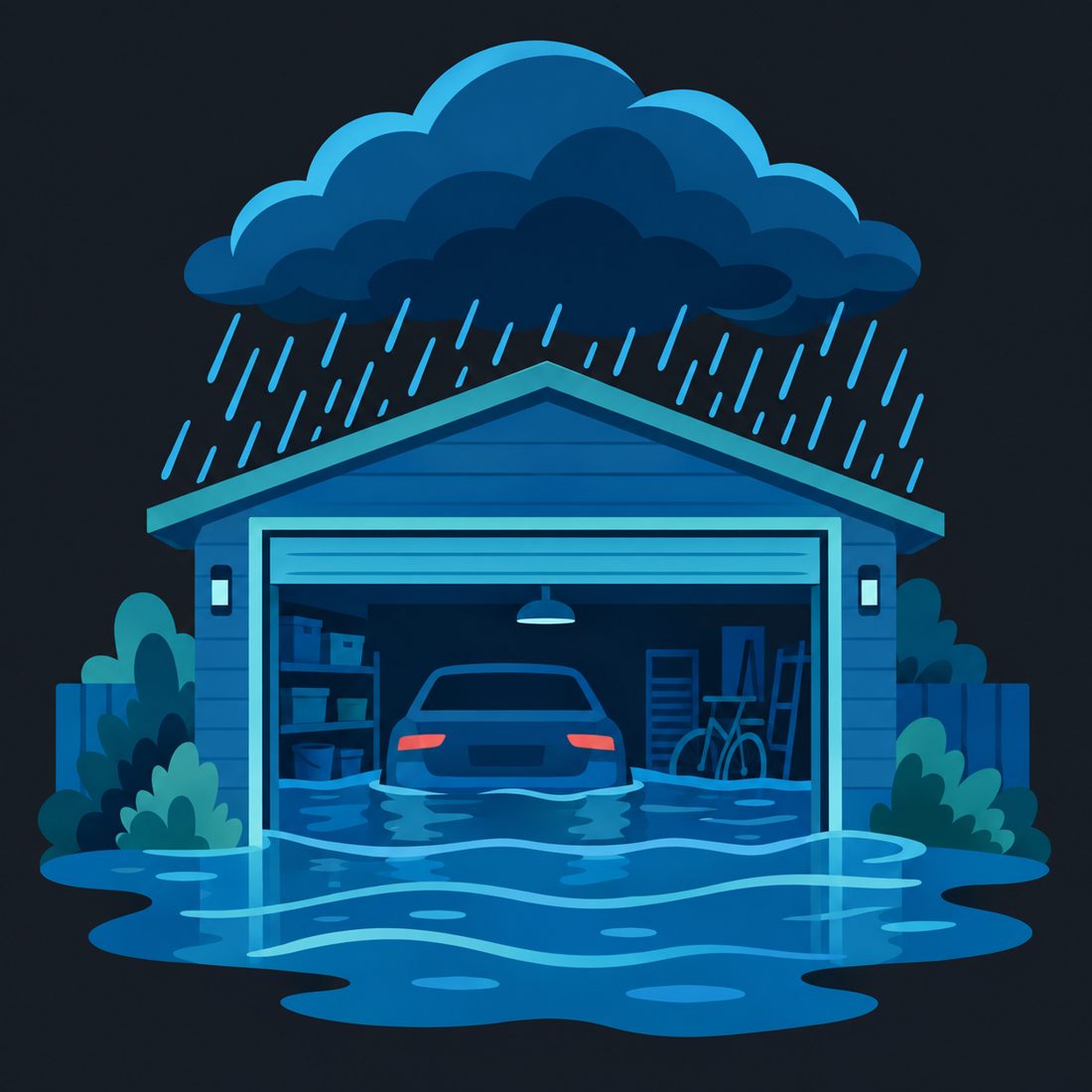 Illustration of a storm cloud over a flooded garage for a Kansas City, MO home