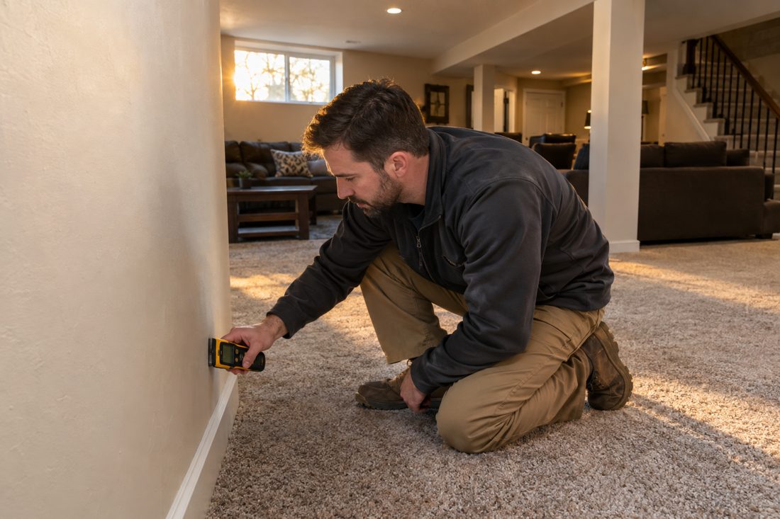 A close view of a technician checking basement drywall moisture beside carpet in a finished Parkville home in Parkville, MO