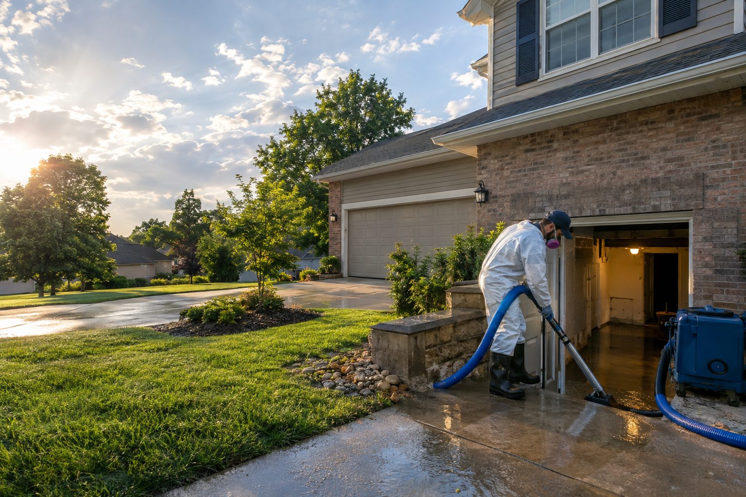 A restoration worker in protective gear extracts water from a Parkville home's basement entry while rain clouds clear outside in Parkville, MO