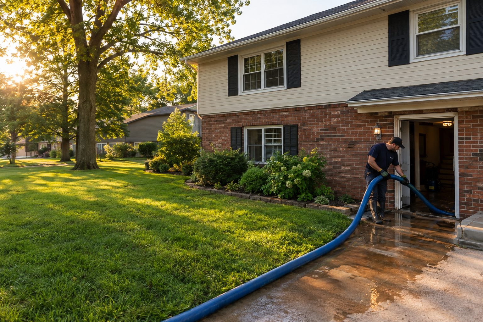 A restoration technician extracts water outside a Riverside split-level, guiding a hose from the finished basement doorway in Riverside, MO