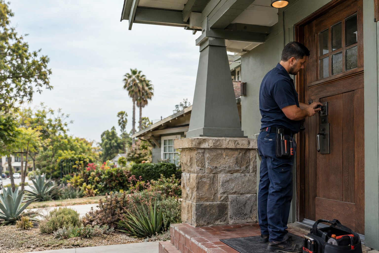 A locksmith checks a front-door deadbolt outside a Country Club Park Craftsman home on a bright Los Angeles day in Country Club Park, CA