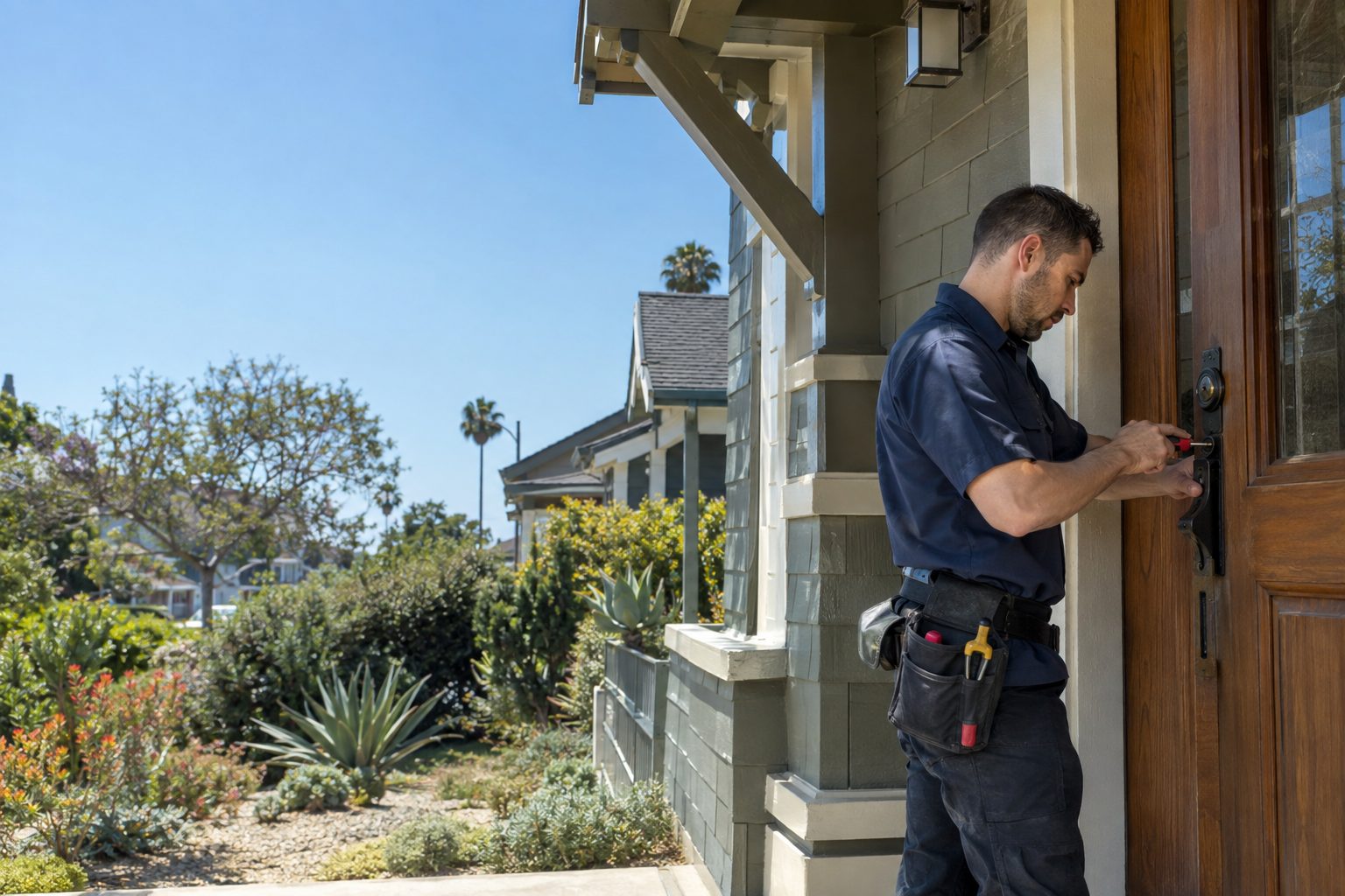 A locksmith adjusts a front-door deadbolt outdoors at an older Craftsman duplex in Picfair Village in Picfair Village, CA