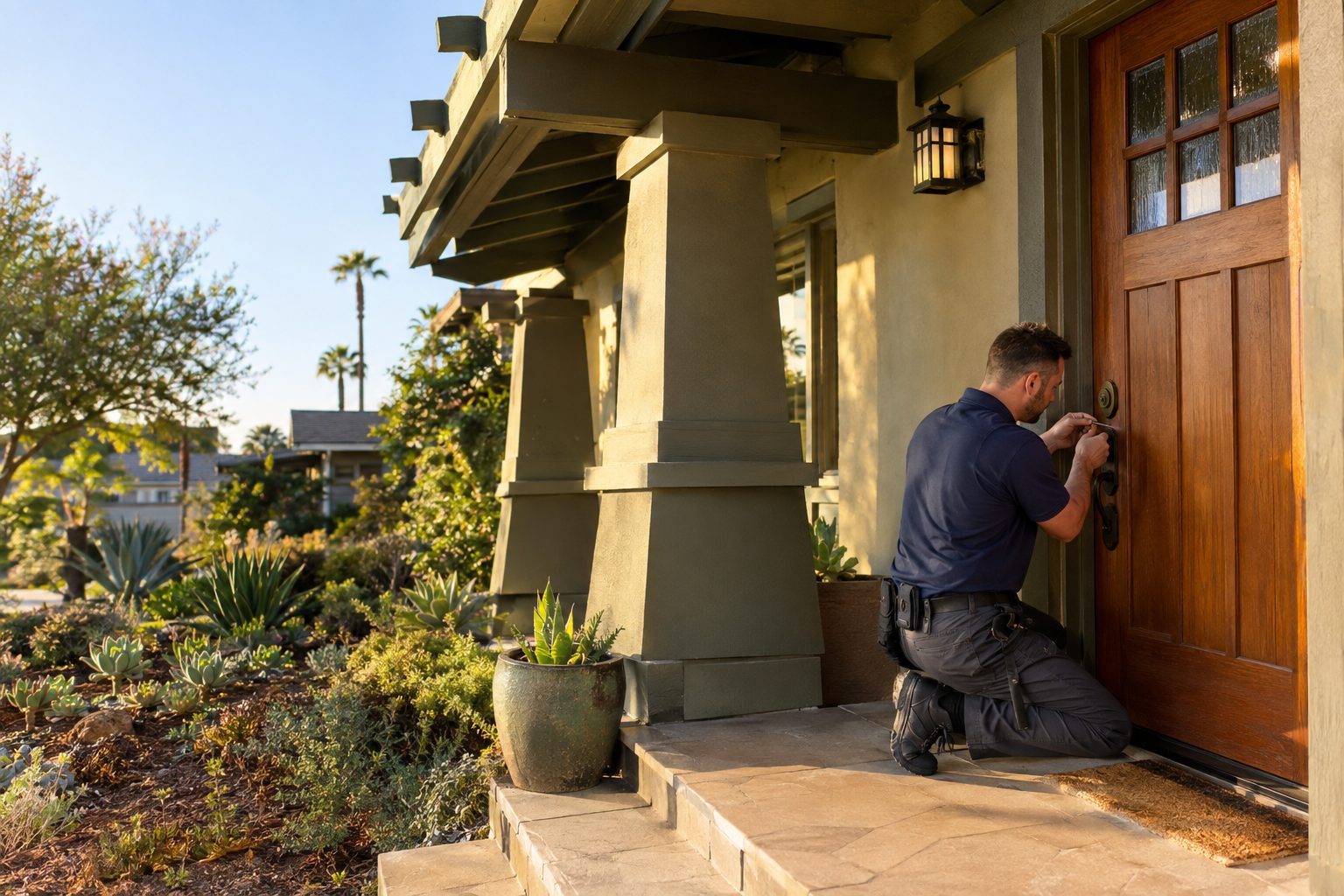 A locksmith checks a front-door deadbolt outside a Wellington Square Craftsman bungalow on a bright, dry Los Angeles afternoon in Wellington Square, CA