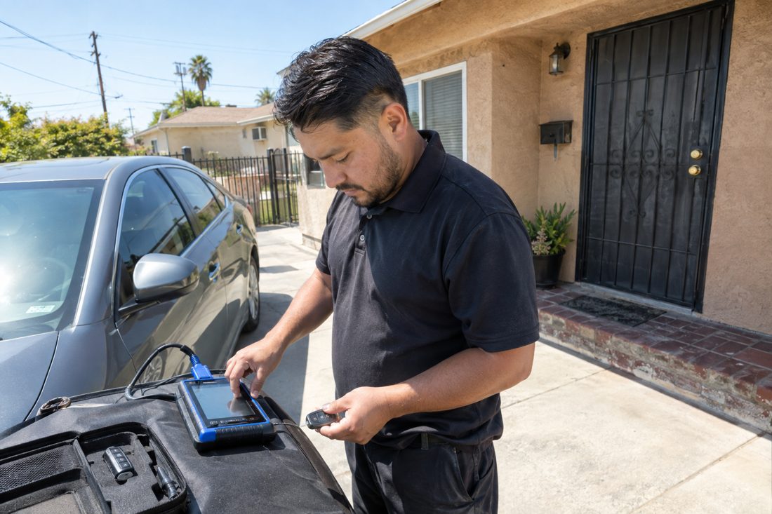 A locksmith programming a car key fob with a diagnostic tool in a driveway at a stucco single-story home with a wrought-iron security door in Compton, CA