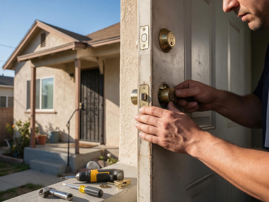 Close view of a locksmith aligning a new deadbolt and strike plate on a Lynwood home's weathered front door in Lynwood, CA