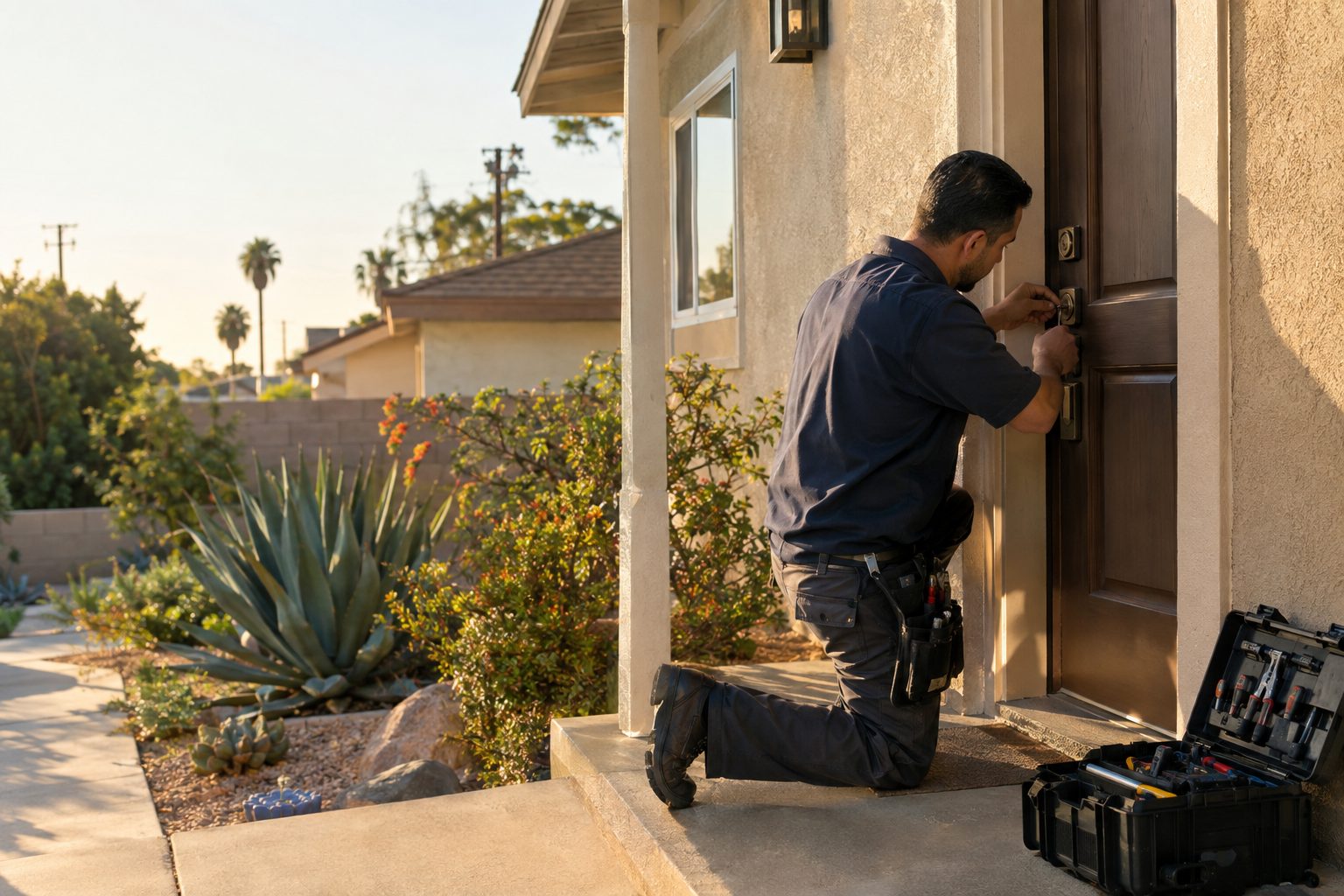 A locksmith adjusts a front-door deadbolt at a stucco Lynwood home, with the open tool case visible beside the doorway in Lynwood, CA