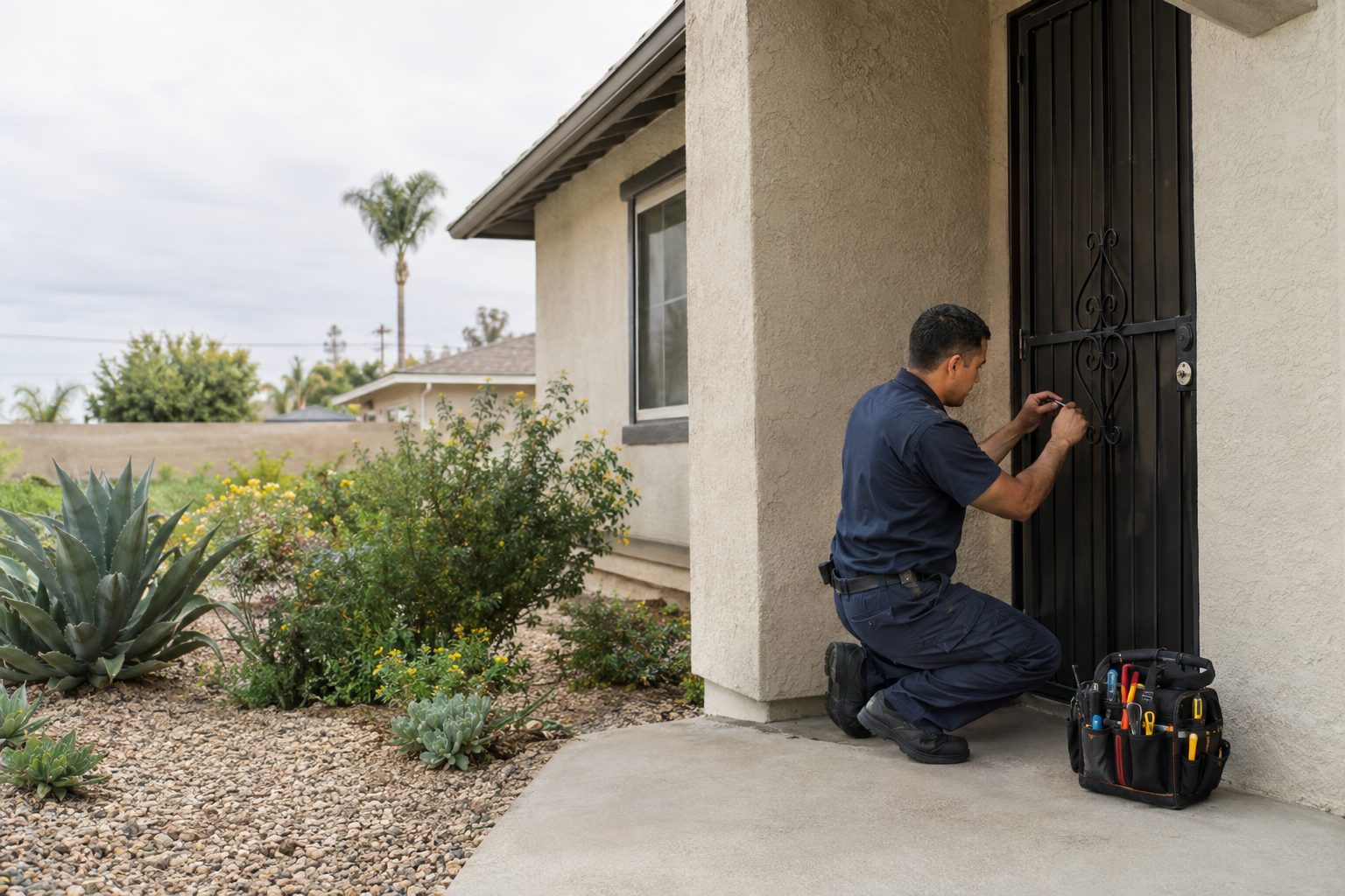 A locksmith checks a front-door deadbolt at a single-story Paramount stucco home, with a tool pouch visible beside the shaded entry in Paramount, CA