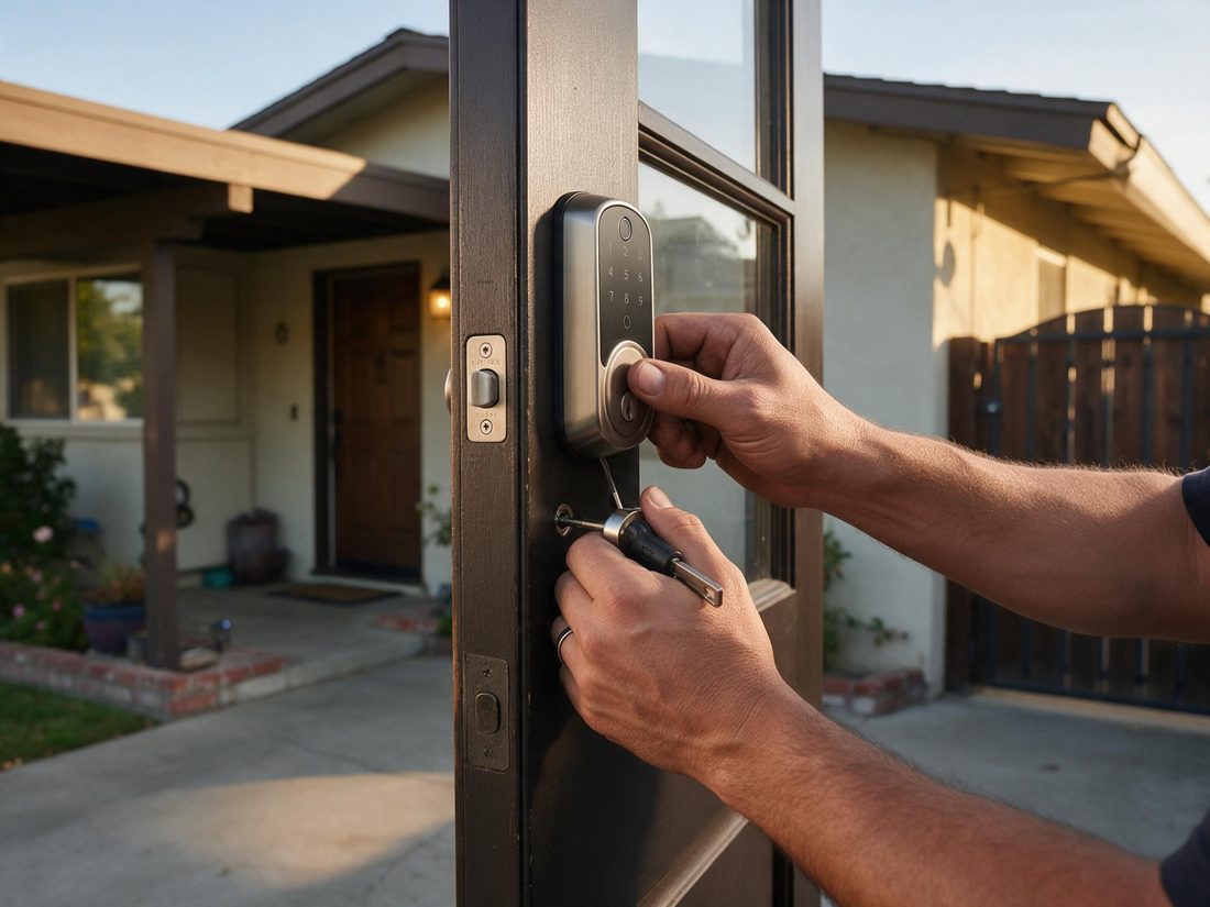 Close view of a locksmith fitting a smart deadbolt to the front door of a Del Rey midcentury ranch in Del Rey, CA