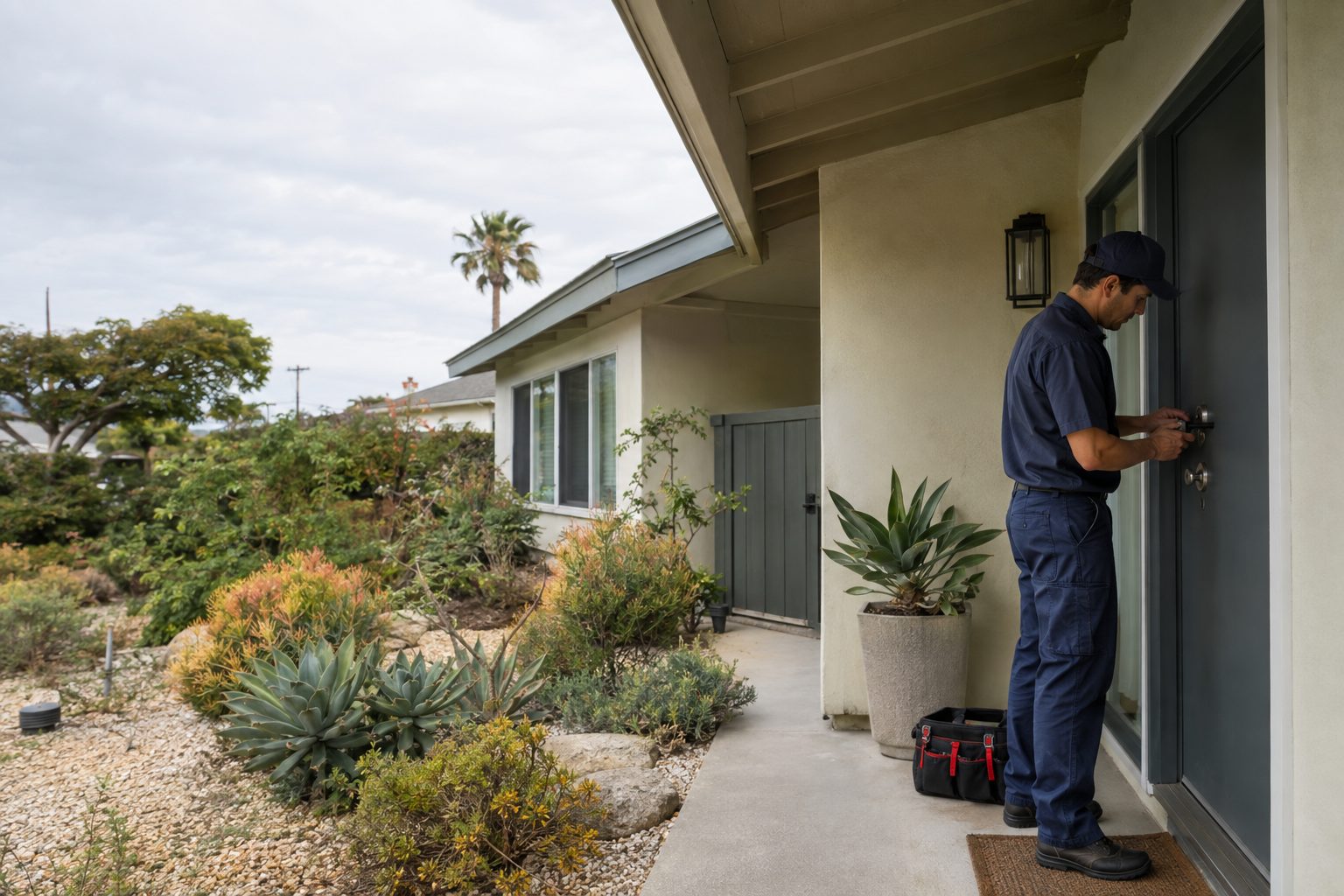 A locksmith checks a front-door deadbolt at a modest Del Rey ranch while standing outside beside the shaded entry in Del Rey, CA