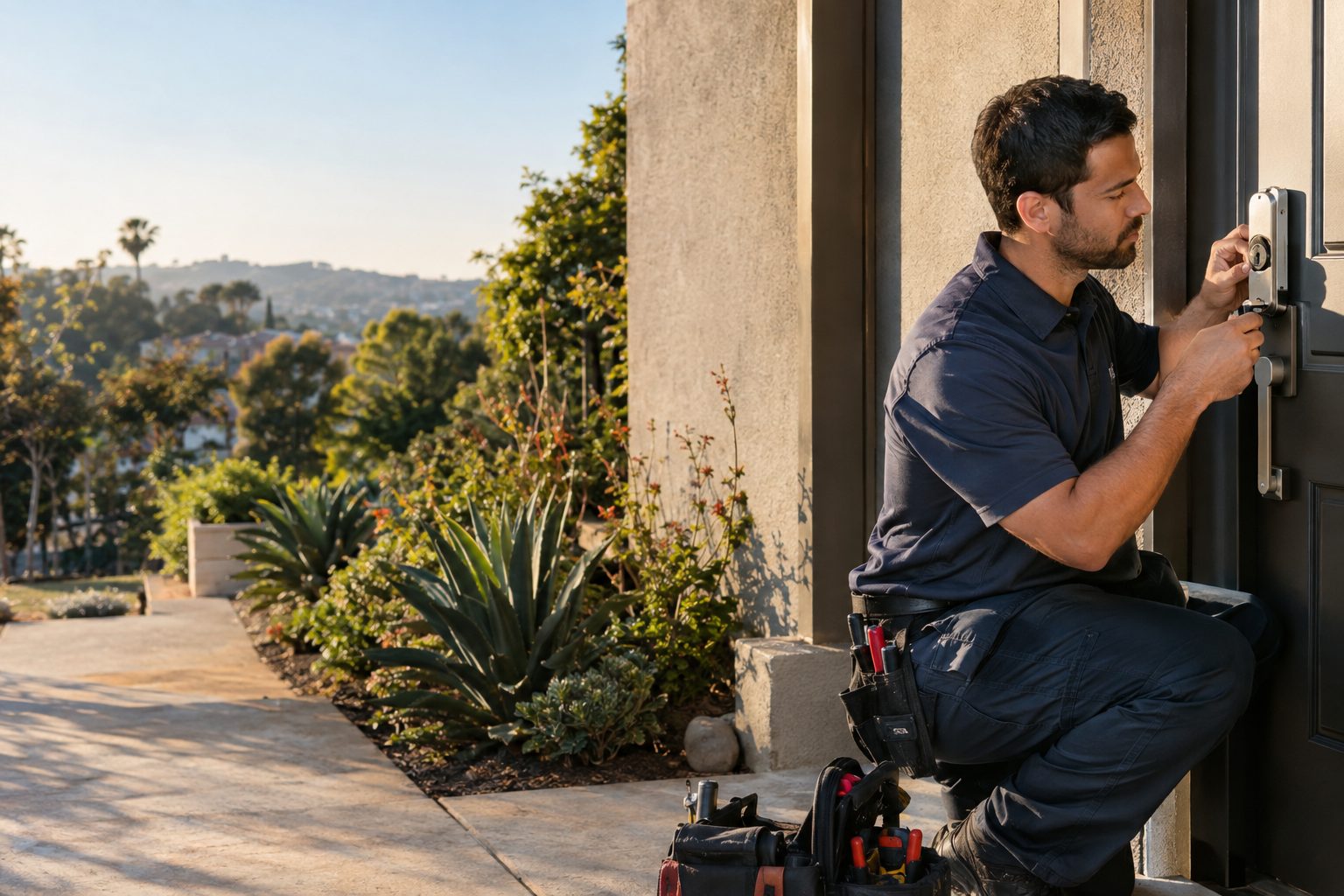 A locksmith checks the alignment of a front-door deadbolt at a Fox Hills condo on a clear Culver City afternoon in Fox Hills, CA