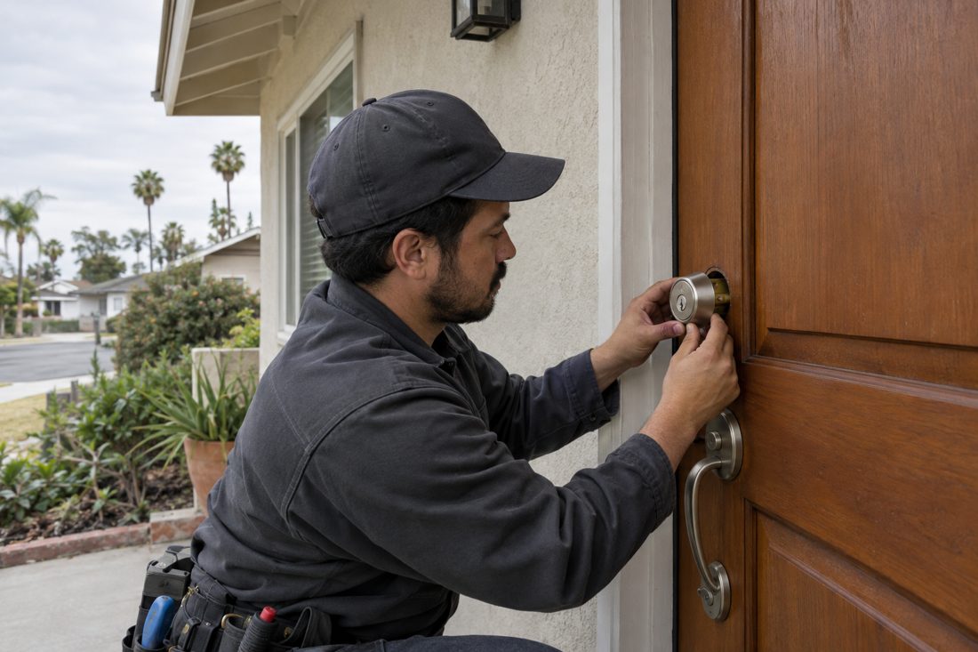 Close view of a locksmith aligning a new deadbolt in a wood front door at a Mar Vista postwar stucco ranch in Mar Vista, CA