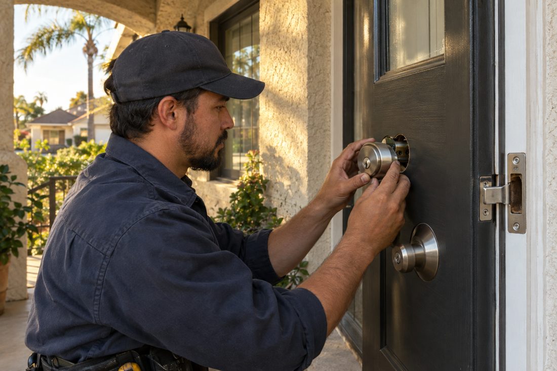 Close view of a locksmith aligning a new deadbolt on the bungalow's front door, showing the latch and strike plate in Palms, CA