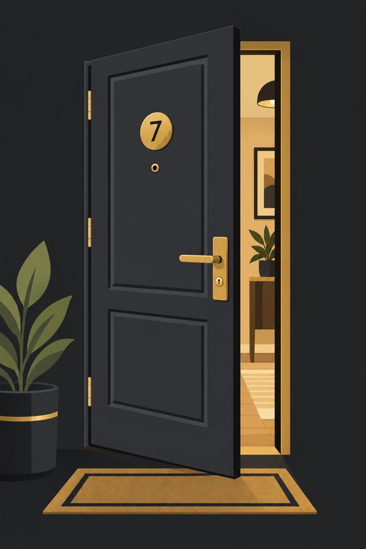 Illustration of an apartment door with a number and a lever lock for a Downey, CA home