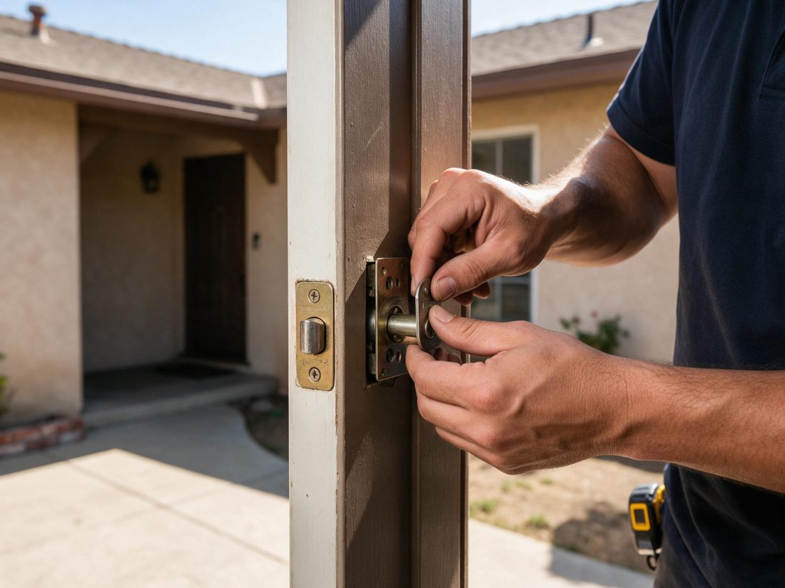 Close view of a locksmith adjusting a deadbolt and strike plate on the interior side of a Rio San Gabriel home's door in Rio San Gabriel, CA