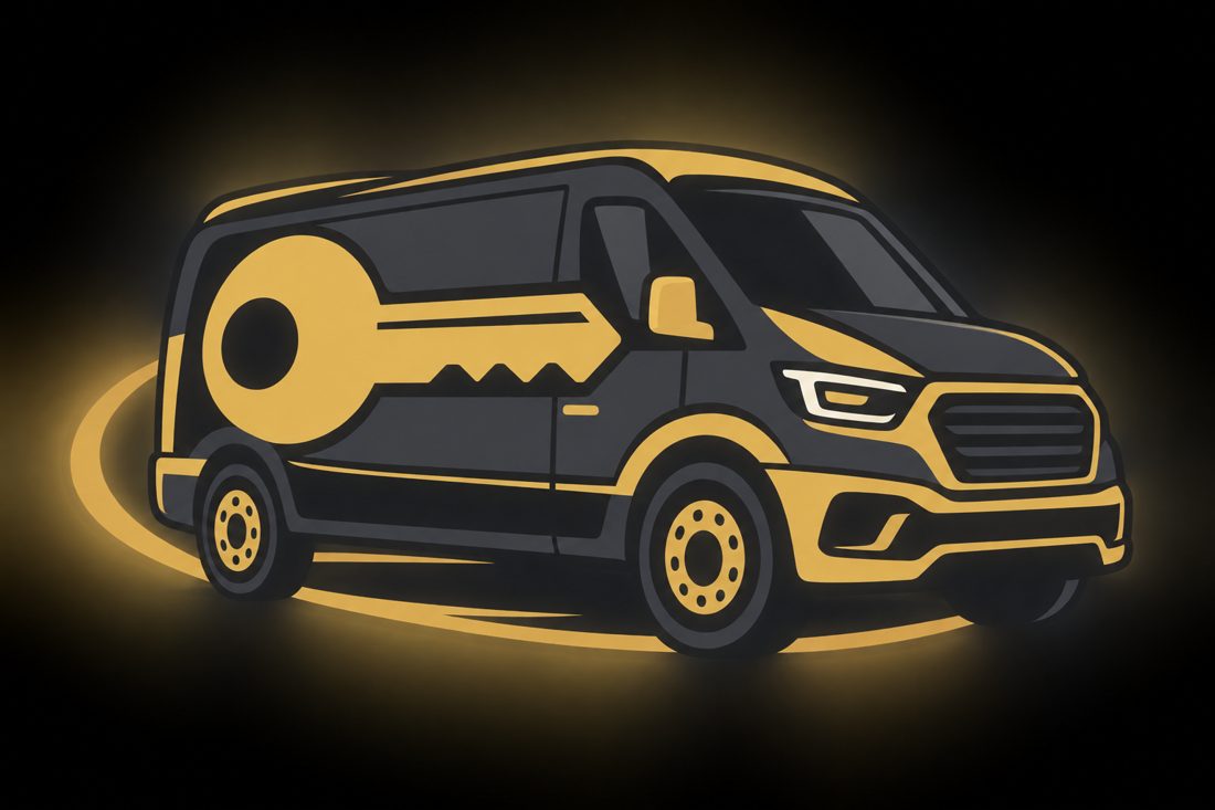 Illustration of a locksmith van with a key logo shape for a Redondo Beach, CA home