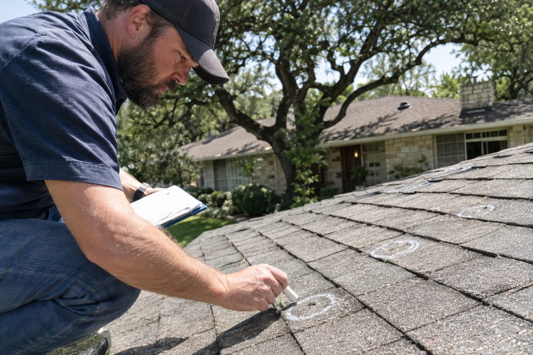 An inspector chalk-circling hail hits on shingles, close-up at a 1950s Austin ranch house with limestone accents and live oaks in Austin, TX
