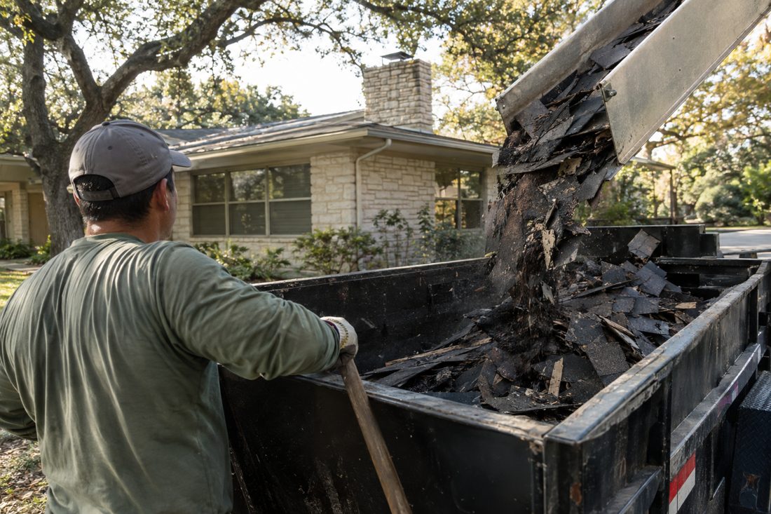 A crew loading old shingles into a dump trailer from a chute at a 1950s Austin ranch house with limestone accents and live oaks in Austin, TX