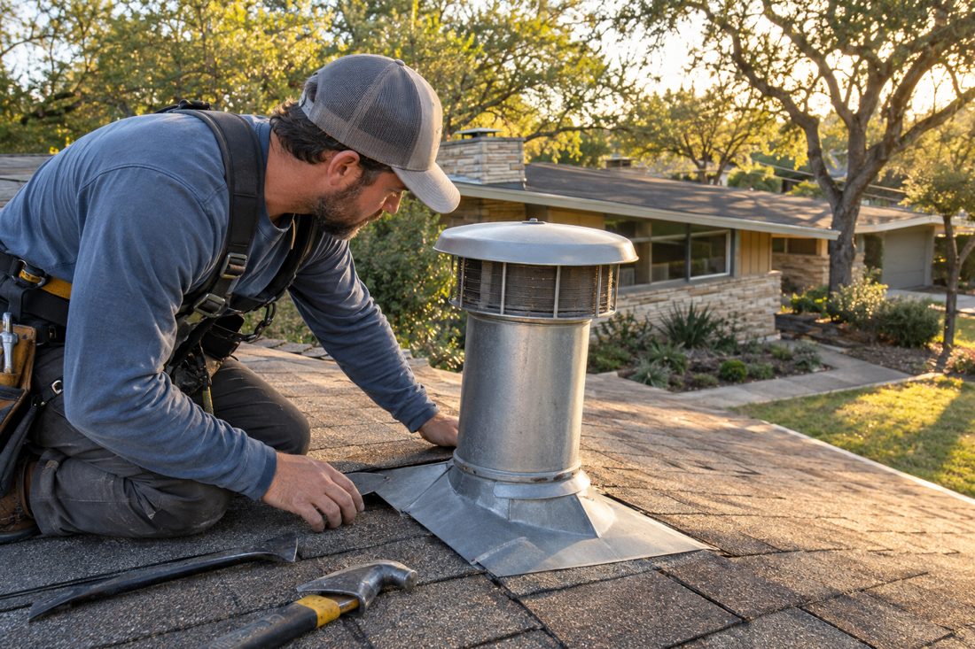 Close view of a contractor examining roof flashing beside a vent on a mid-century Allandale ranch, with shingles and tools in frame in Allandale, TX