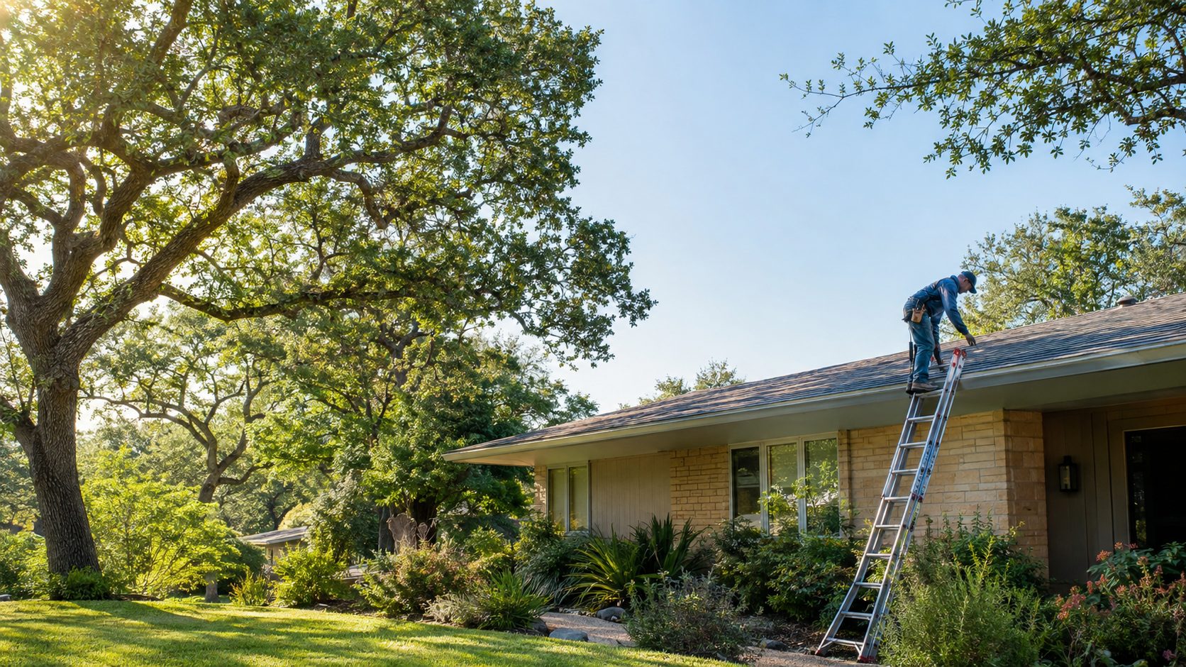A roofing contractor checks shingles from a ladder beside a mid-century Allandale ranch beneath leafy trees on a clear Austin afternoon in Allandale, TX