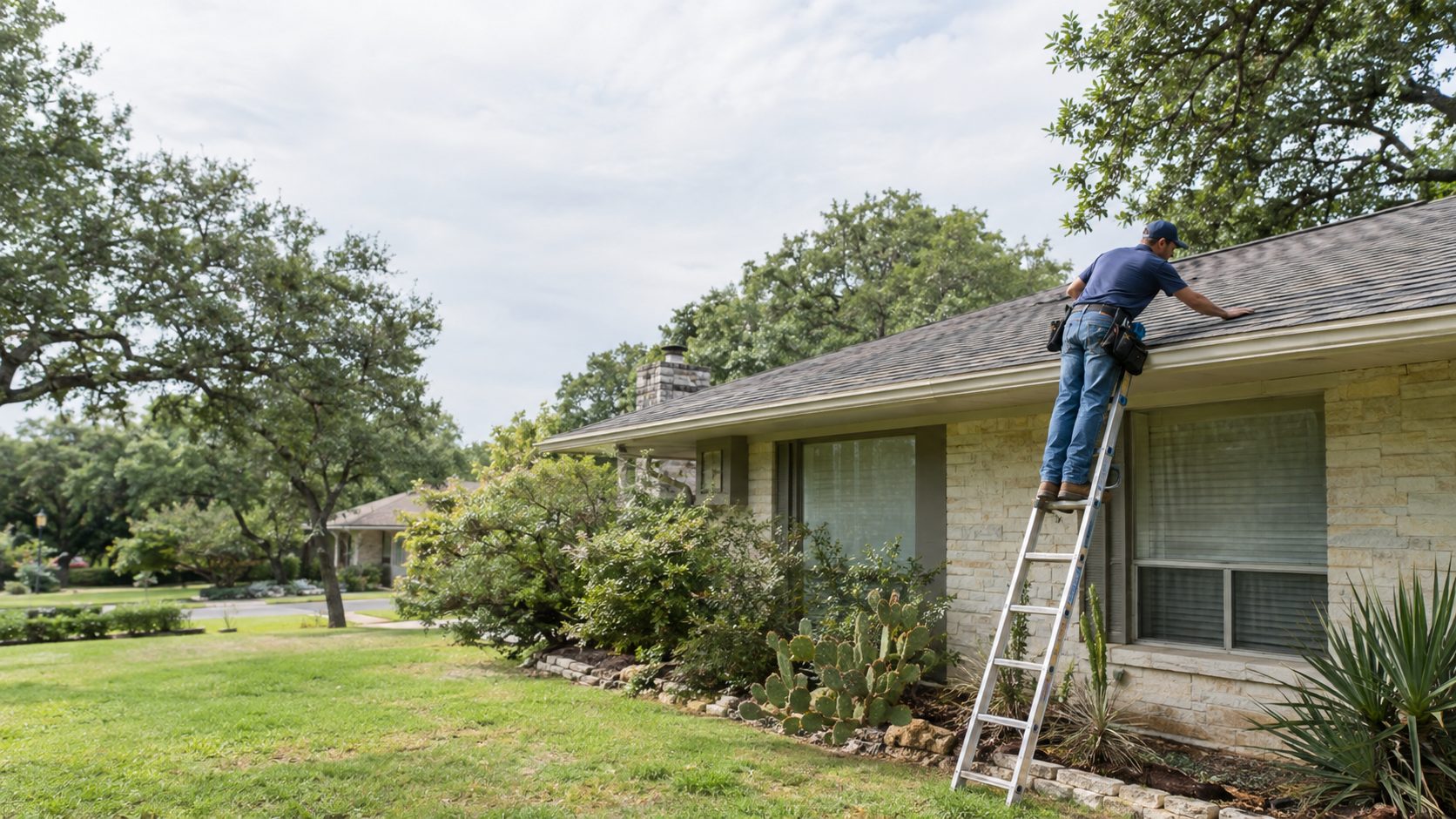 A roofing contractor inspects shingles from a ladder beside a single-story Wooten ranch house on a bright, hot Austin afternoon in Wooten, TX