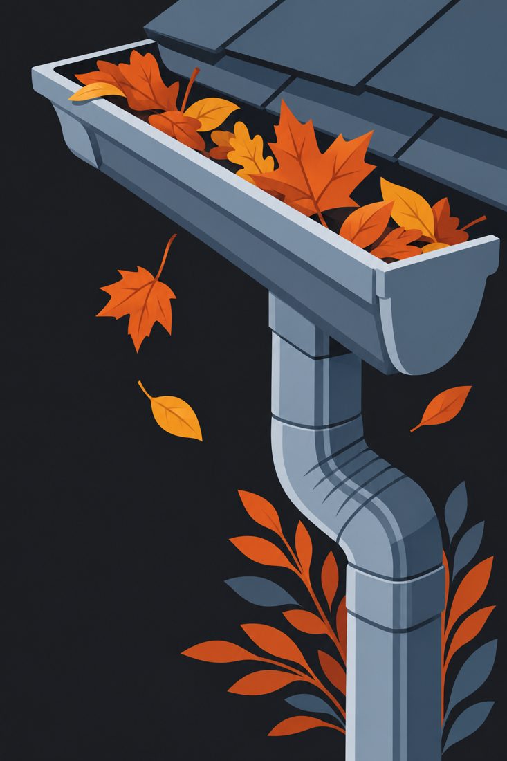 Illustration of a gutter with leaves and a downspout for a Waterloo, IA home