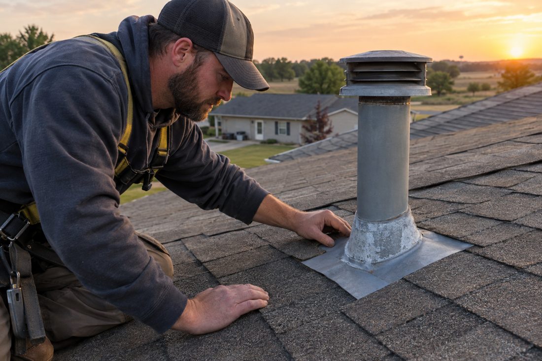 Close view of a contractor checking roof flashing beside a vent on a modest ranch home in Elk Run Heights in Elk Run Heights, IA