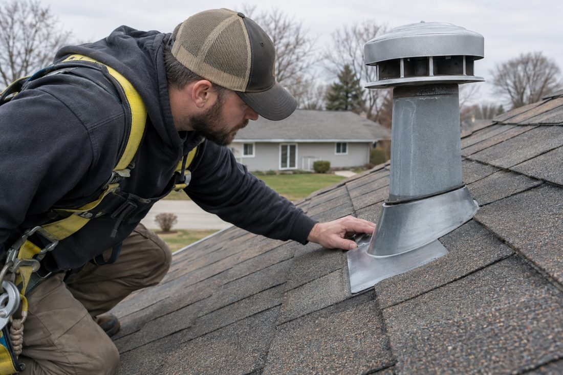 Close view of a roofer inspecting flashing beside a roof vent on an established Evansdale home in Evansdale, IA