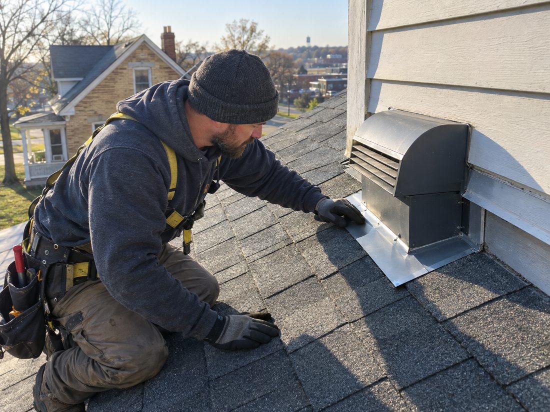 Close view of a contractor checking flashing beside a vent on the rear addition roof of a Highland home in Highland, IA