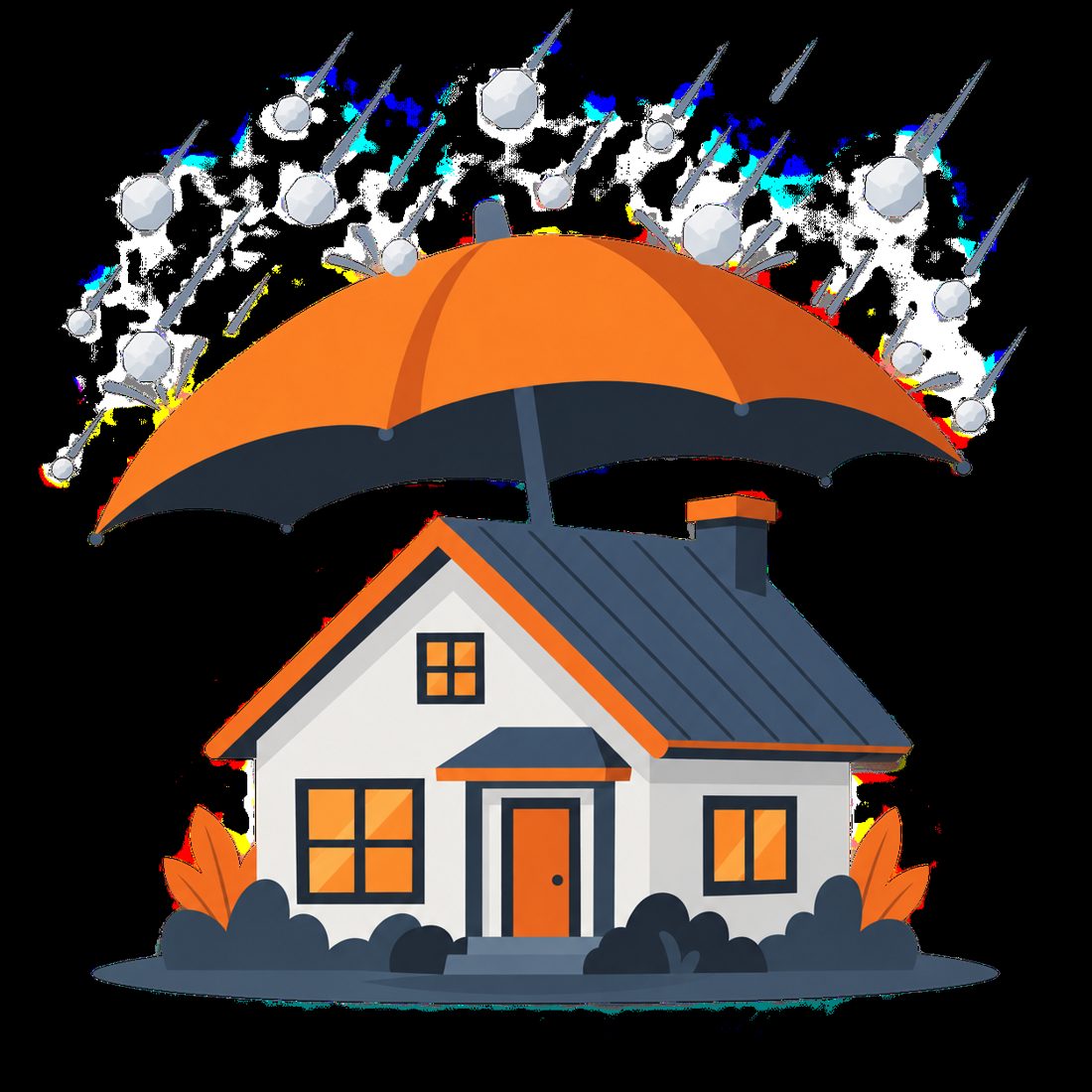 Illustration of a house with an umbrella shielding the roof from hail for a Center Point, IA home