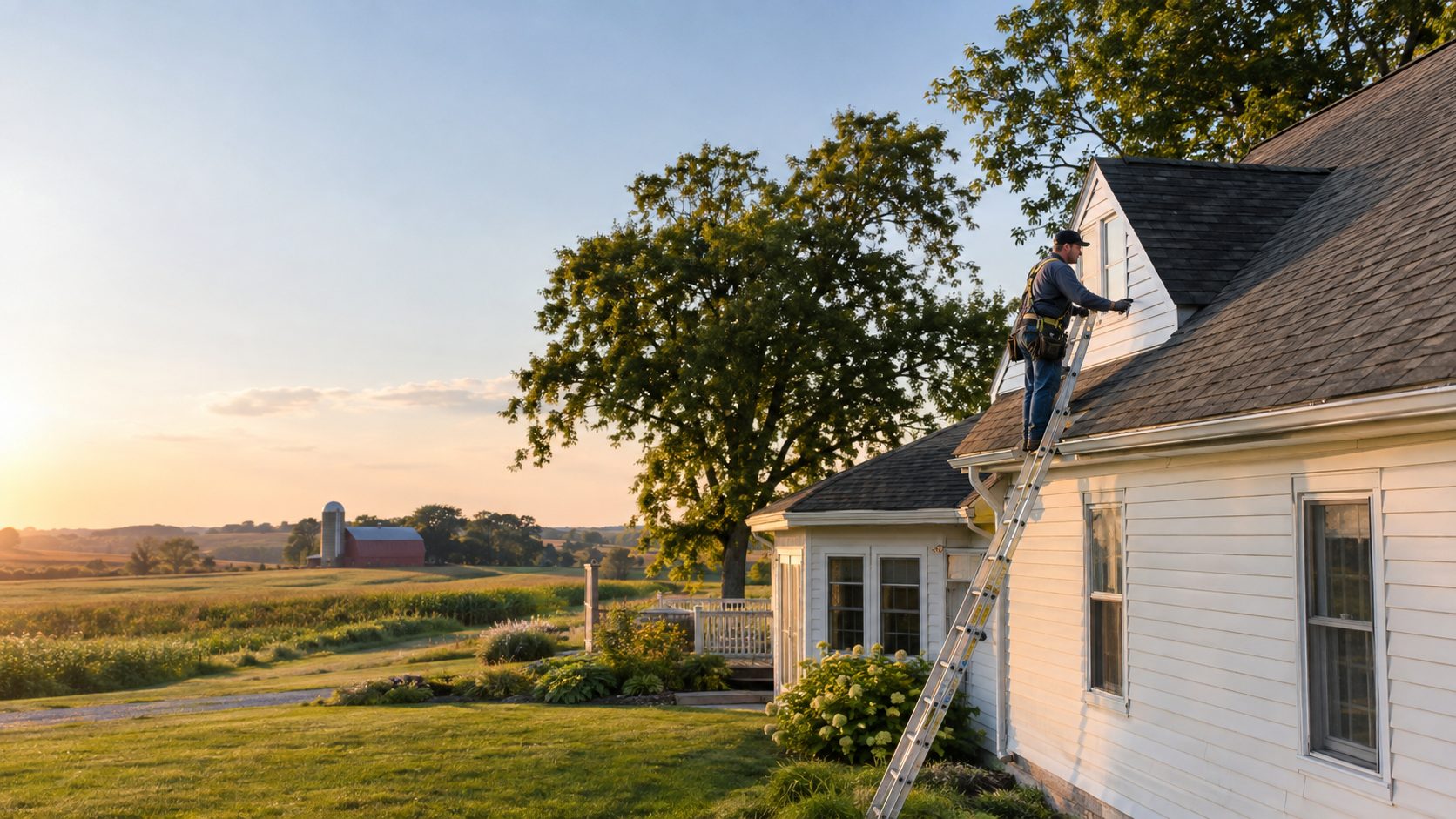 A roofing contractor inspects shingles from a ladder beside a rural Linn County farmhouse on a clear day in Coggon, IA