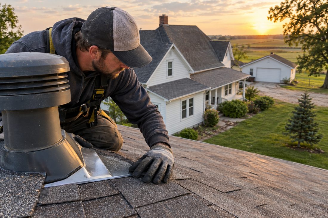 Close view of a roofer examining flashing beside a roof vent on a Toddville farmhouse, with gloved hands and shingles in focus in Toddville, IA