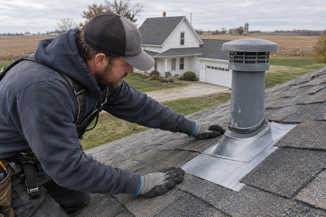 Close view of a roofer examining flashing beside a vent on the farmhouse roof, with gloved hands and shingle details visible in Walker, IA