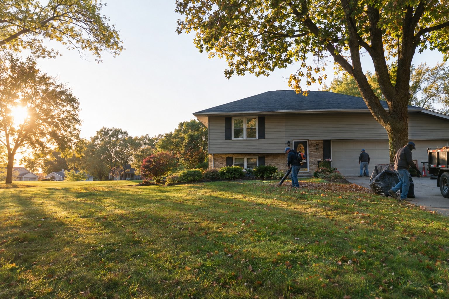 A new roof just completed with the crew cleaning up the yard at a suburban Iowa split-level with oak trees in Hiawatha, IA