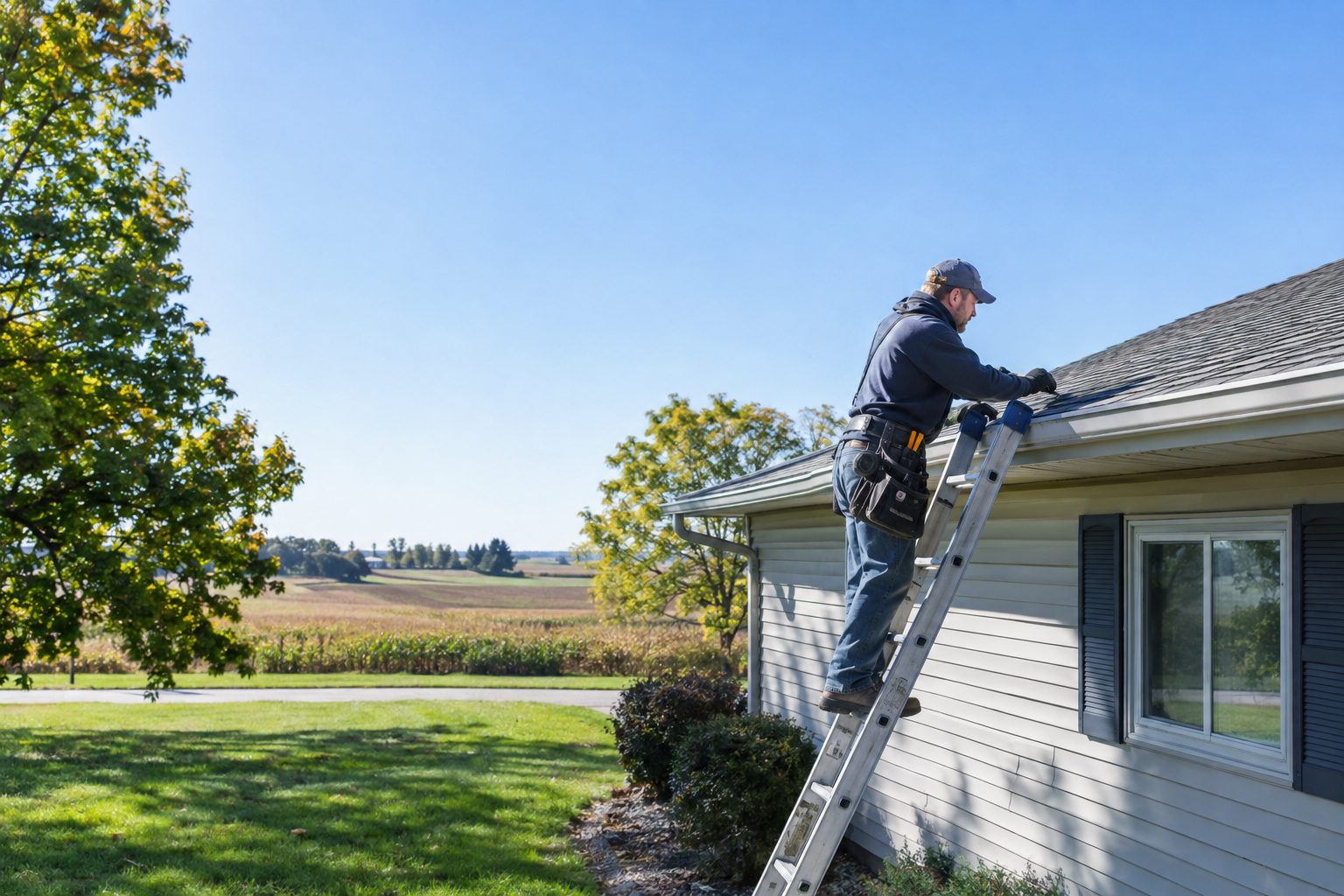 A roofing contractor inspects shingle edges from a ladder beside a modest Palo ranch home on a clear day in Palo, IA